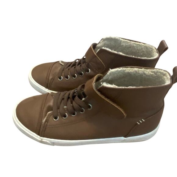 H&M Girls Faux Leather Shearling Brown high top sneakers Top Size 2 youth - Picture 1 of 7